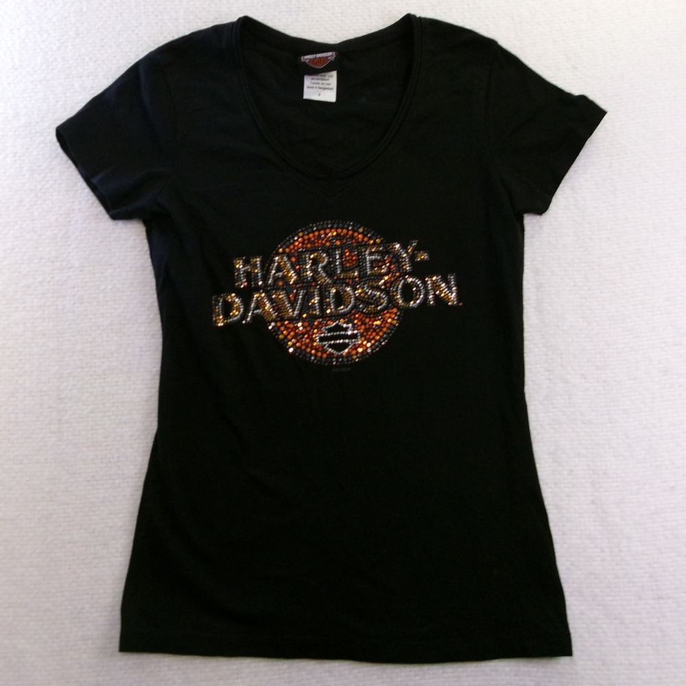 Harley Davidson Womens Small T-Shirt Black‎ Rhinestone Logo Gator Leesburg FL